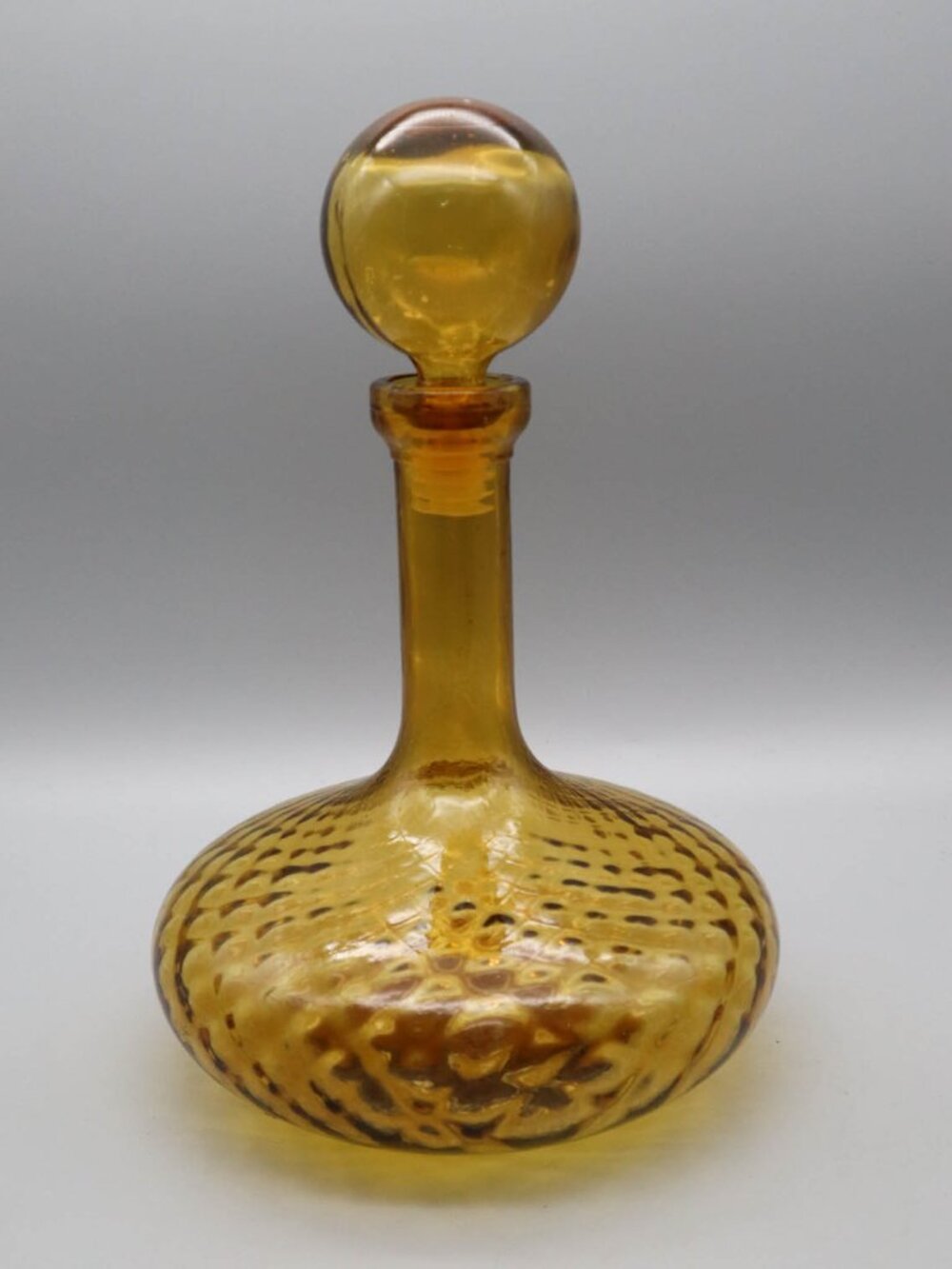 Vtg '60s Italian Empoli Amber Glass Genie Bottle Decanter Optic w/ Globe Stopper